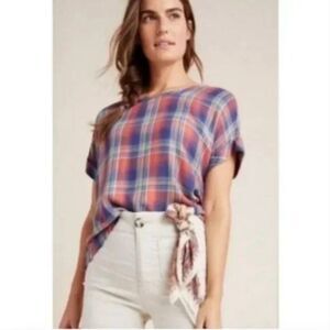 Anthropologie Cloth & Stone Button Back Short Sleeve Plaid High Low Size Medium
